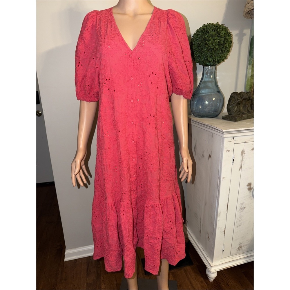 Zara Dress Womens S Pink Embroidered Eyelet Lace‎ Puff Sleeve Midi Boho Sundress